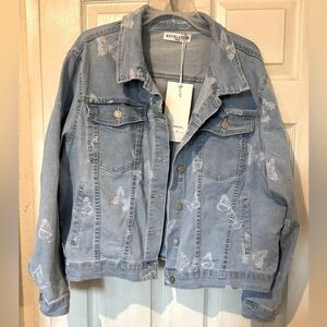 Denim Jacket NWOT With White Butterflies and Long Sleeves